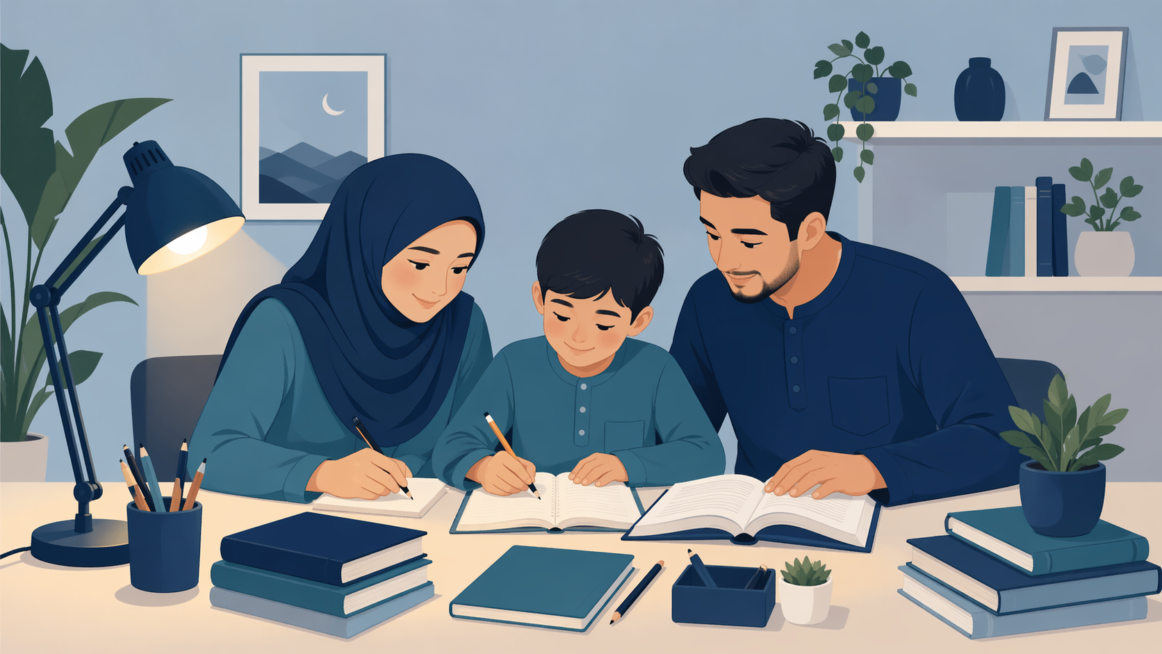 Ilustrasi keluarga belajar bersama