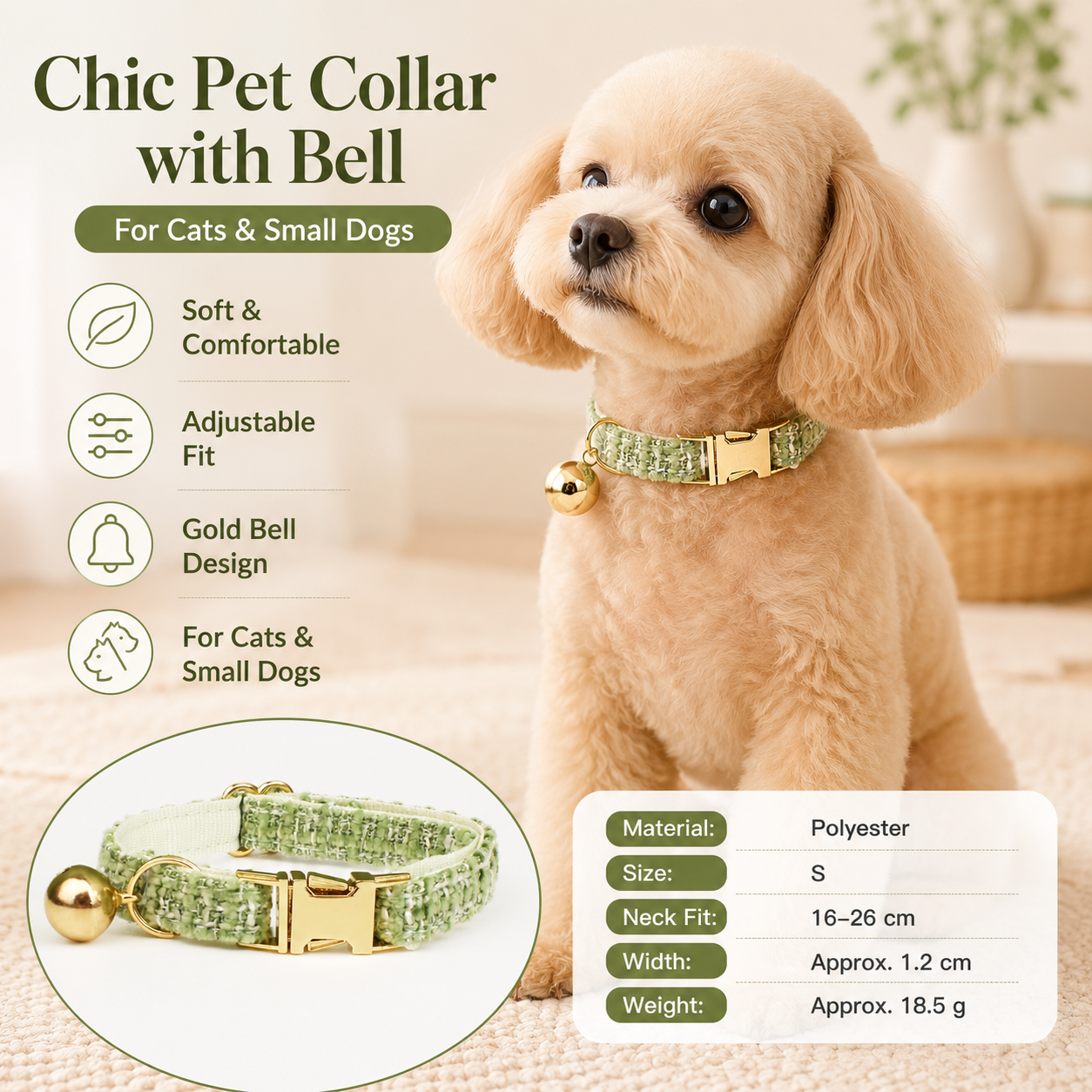 S Size Green Chic Tweed Pet Collar - Polyester with Gold Bell and Adjustable Buckle - Soft Lightweight Neckwear for Cats and Small Dogs, 16-26cm Fit