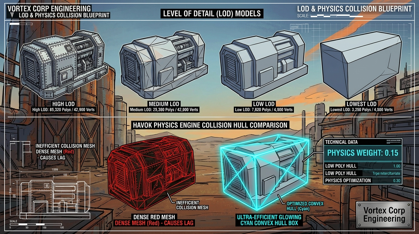 LOD Multi-Tier Hierarchy and Physics Hull Blueprint