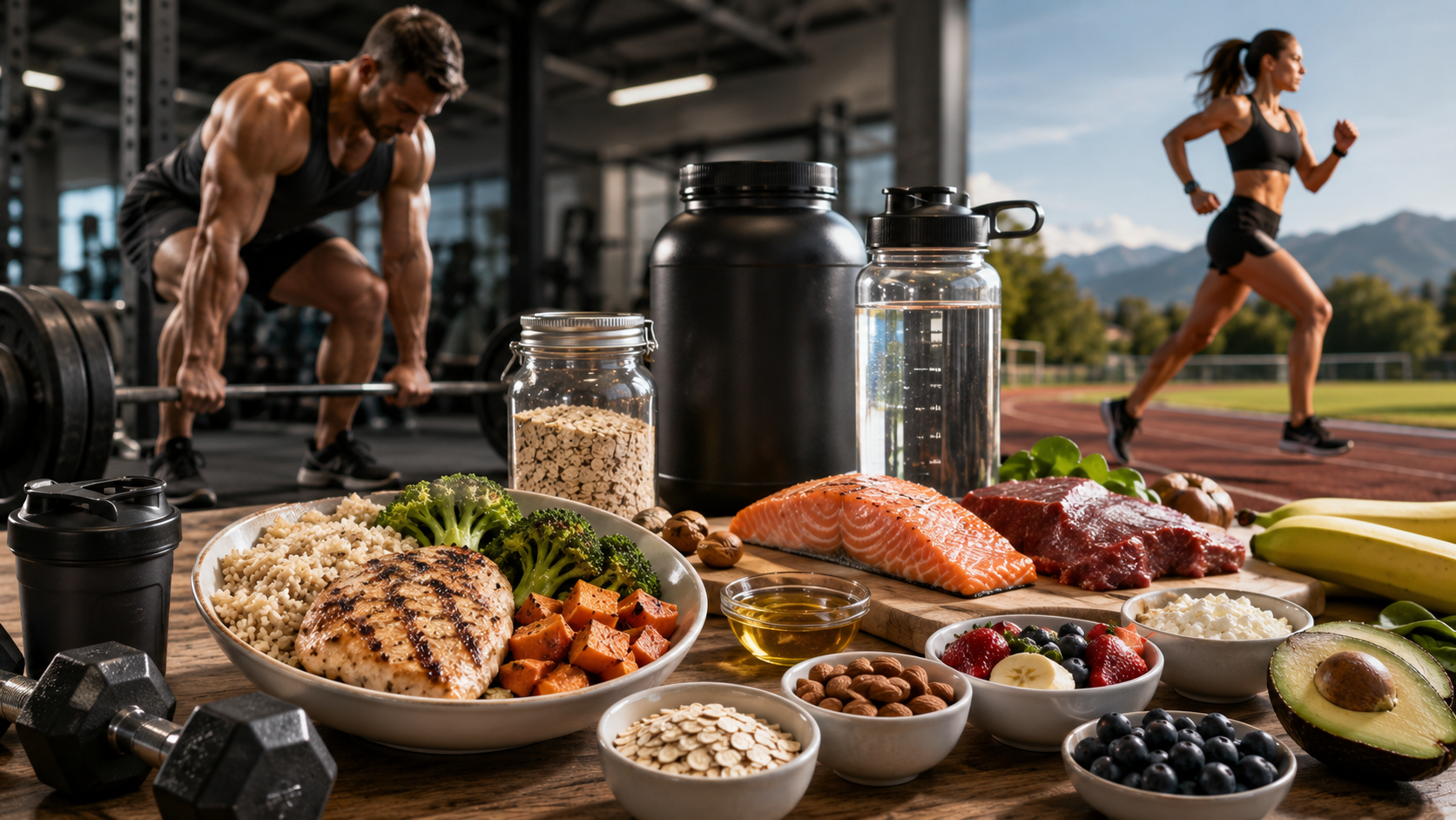 Human performance nutrition guide: balanced athlete meal with lean protein, complex carbohydrates and vegetables for strength and endurance