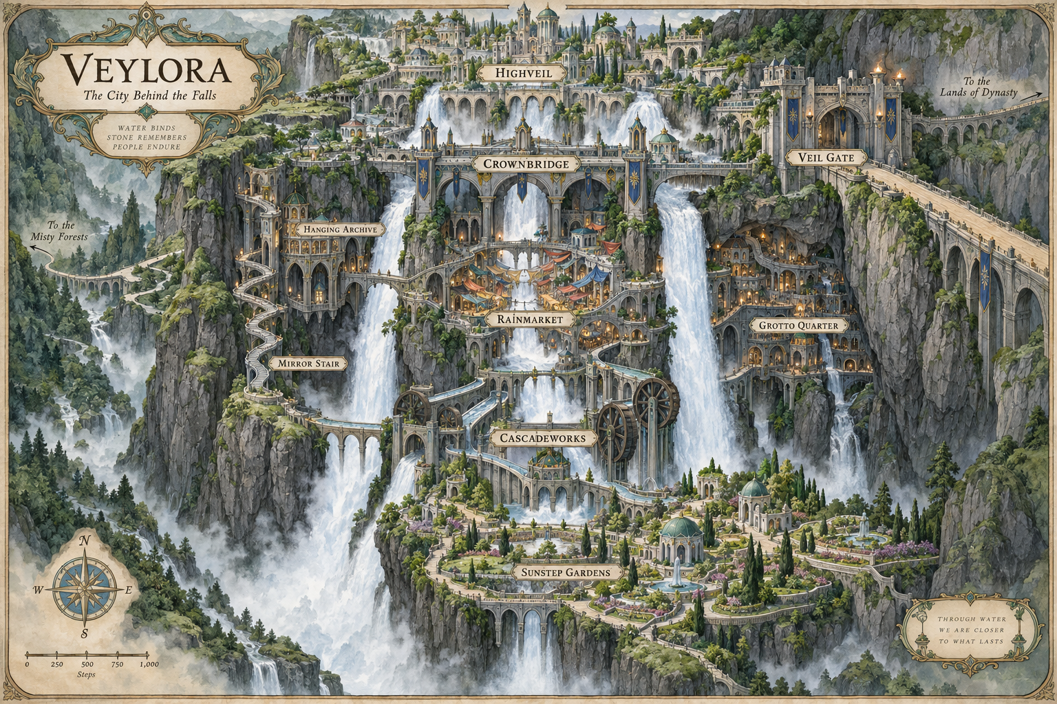 Map of Veylora, the City Behind the Falls