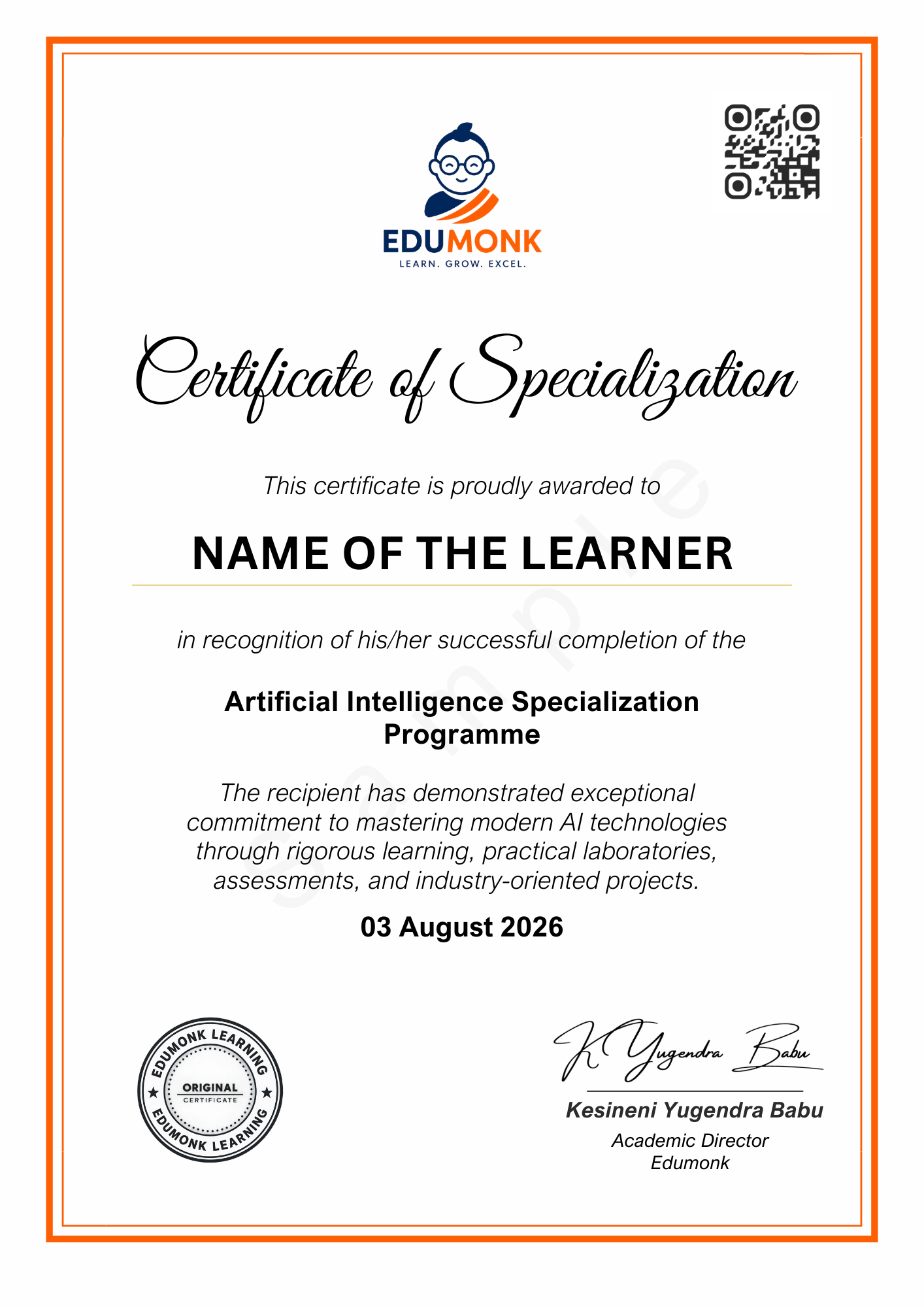 Sample EduMonk Artificial Intelligence Certificate of Specialisation showing the completion credential layout