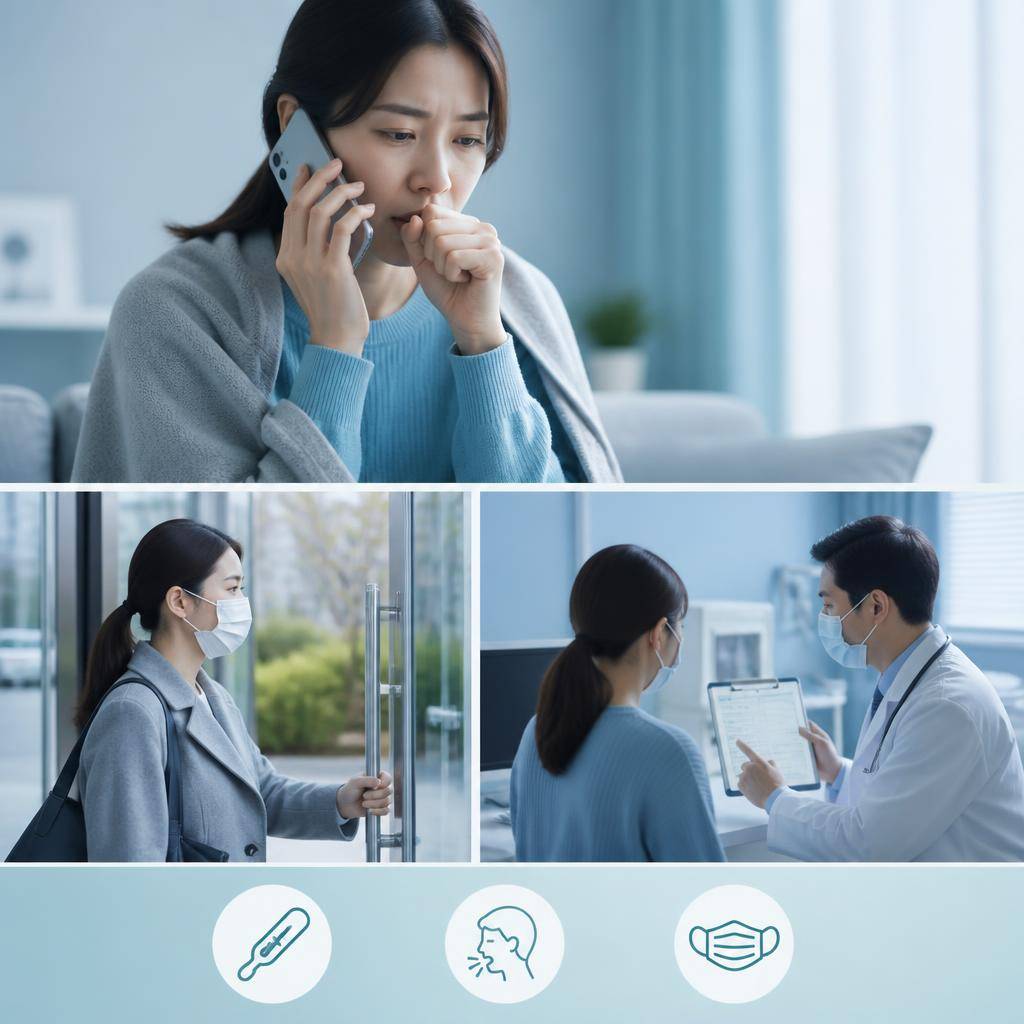 독감 의심 증상이 있을 때 의료기관에 전화로 상담하고 마스크를 착용해 방문하는 장면을 보여