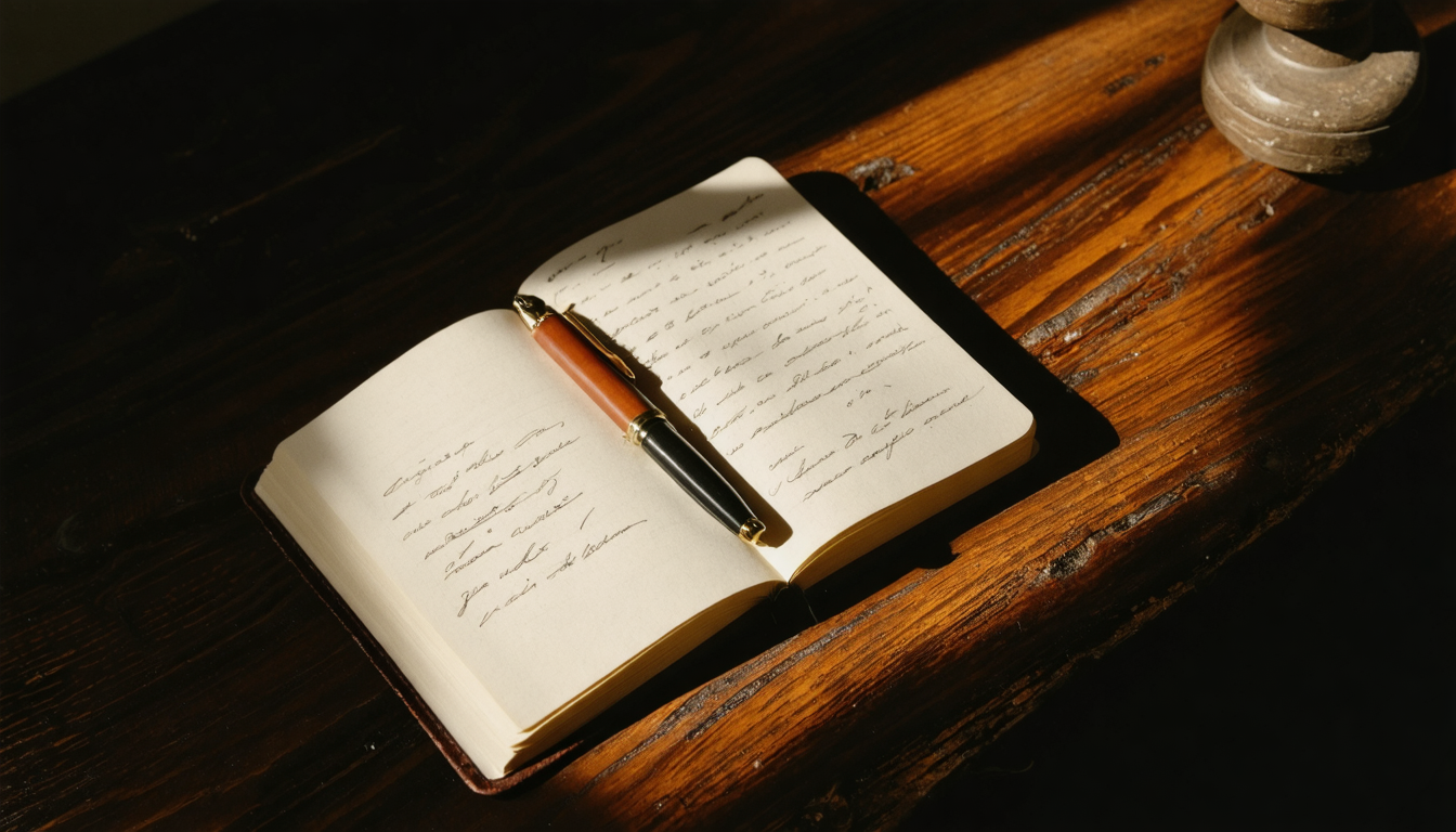 A dimly lit room with a single open notebook on a dark wooden desk, a pen resting beside it, the page mostly blank except for a few crossed-out lines