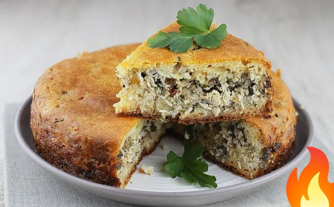 Фото Манник на кефире с курицей, грибами и зеленью