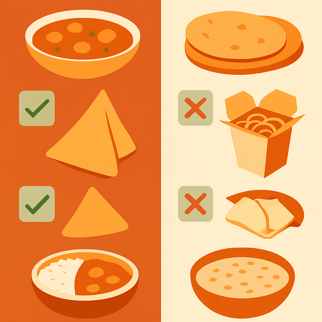 Visual checklist comparing delivery-friendly and poor delivery Indian dishes for menu design