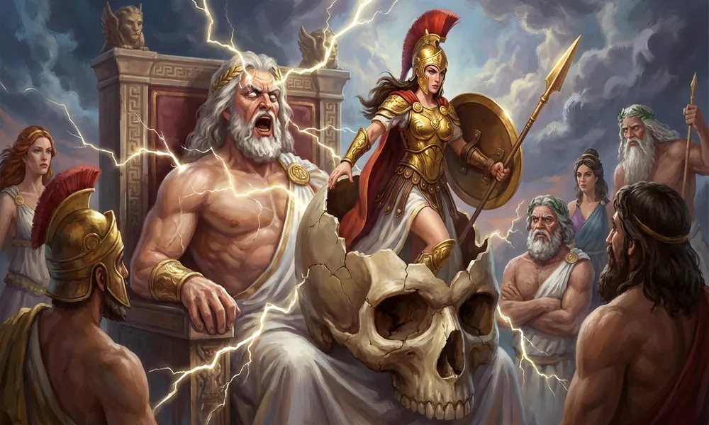 Atena emergindo da cabeça de Zeus em armadura completa
