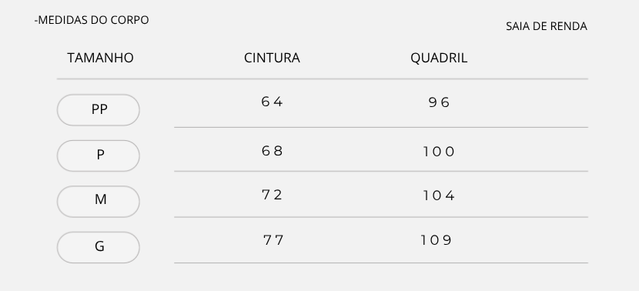 Saia Curta de Renda Medidas