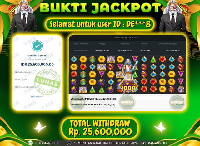 Selamat kepada Member PAMANSLOT Game Gates Of Olympus 1000  : DE***8