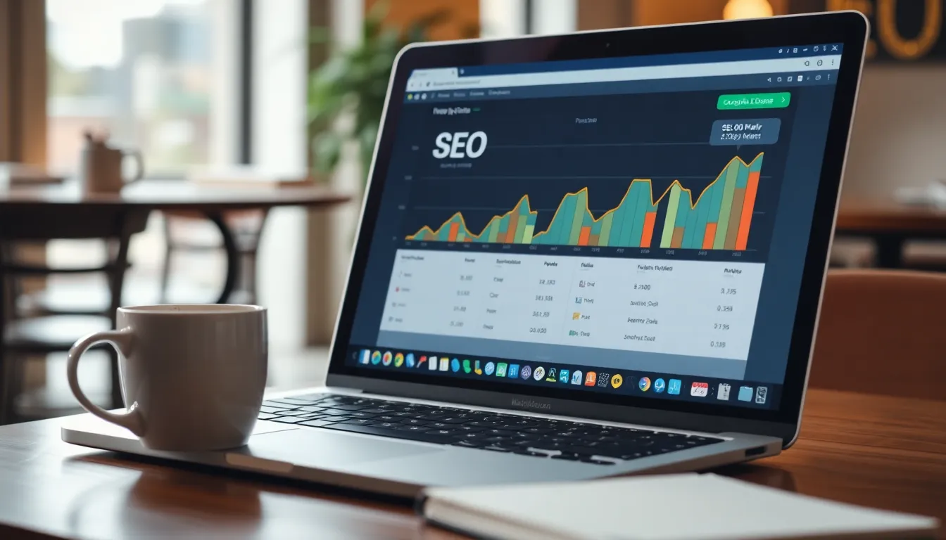 Laptop displaying SEO analytics in a café, illustrating local SEO work.