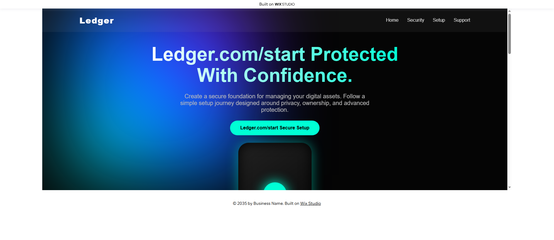 Forensic screenshot of enapp-ledgecom.wixstudio.com showing the phishing page layout