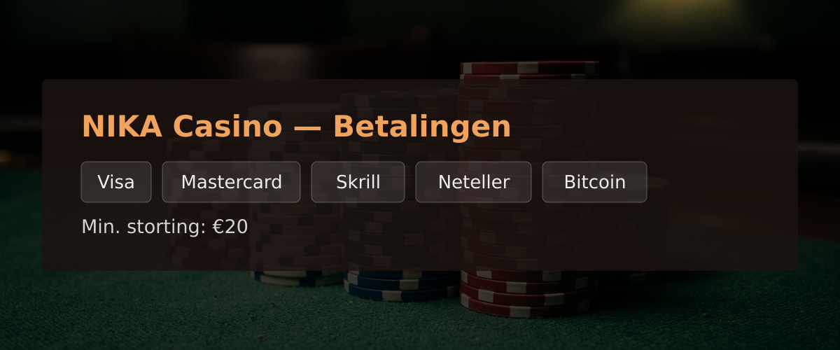 NIKA Casino — Betalingen: Visa, Mastercard, Skrill, Neteller, Bitcoin