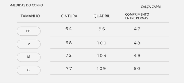 Calça Capri Medidas