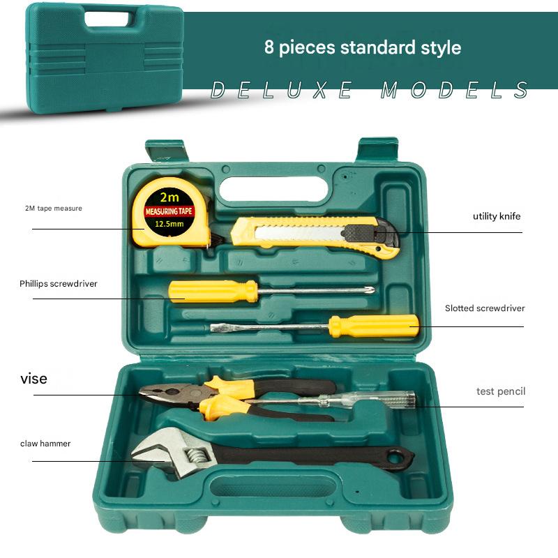 Green 8 Piece Set -Multi-Purpose Home & Car Tool Kit - Durable Blow-Molded Case, Utility Knife, Tape Measure, Pliers, Hammer, Screwdrivers, Allen Keys - Compact Emergency Repair Set for DIY and Auto Maintenance