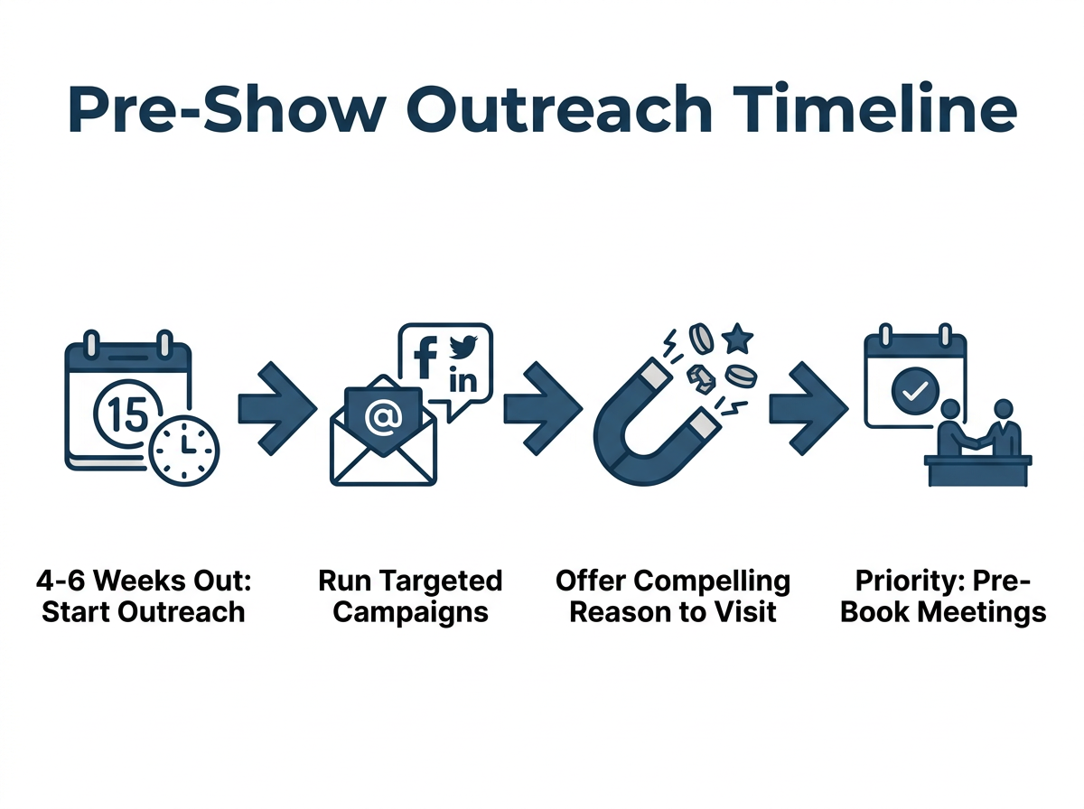 Flowchart illustrating the 4 key steps for pre-show outreach: Start outreach 4-6 weeks out, run targeted campaigns, offer a compelling reason to visit, and pre-book meetings.