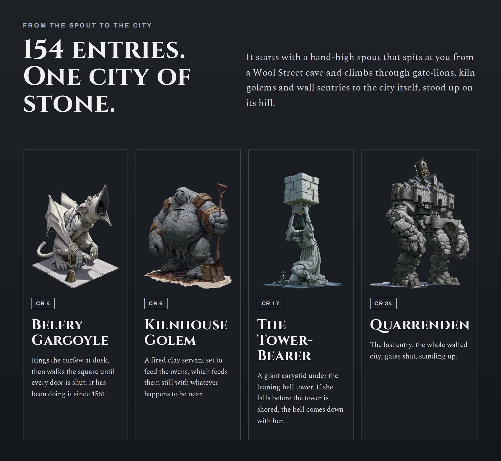 Featured creatures: Belfry Gargoyle (CR 4), Kilnhouse Golem (CR 6), The Tower-Bearer (CR 17), Quarrenden (CR 34)