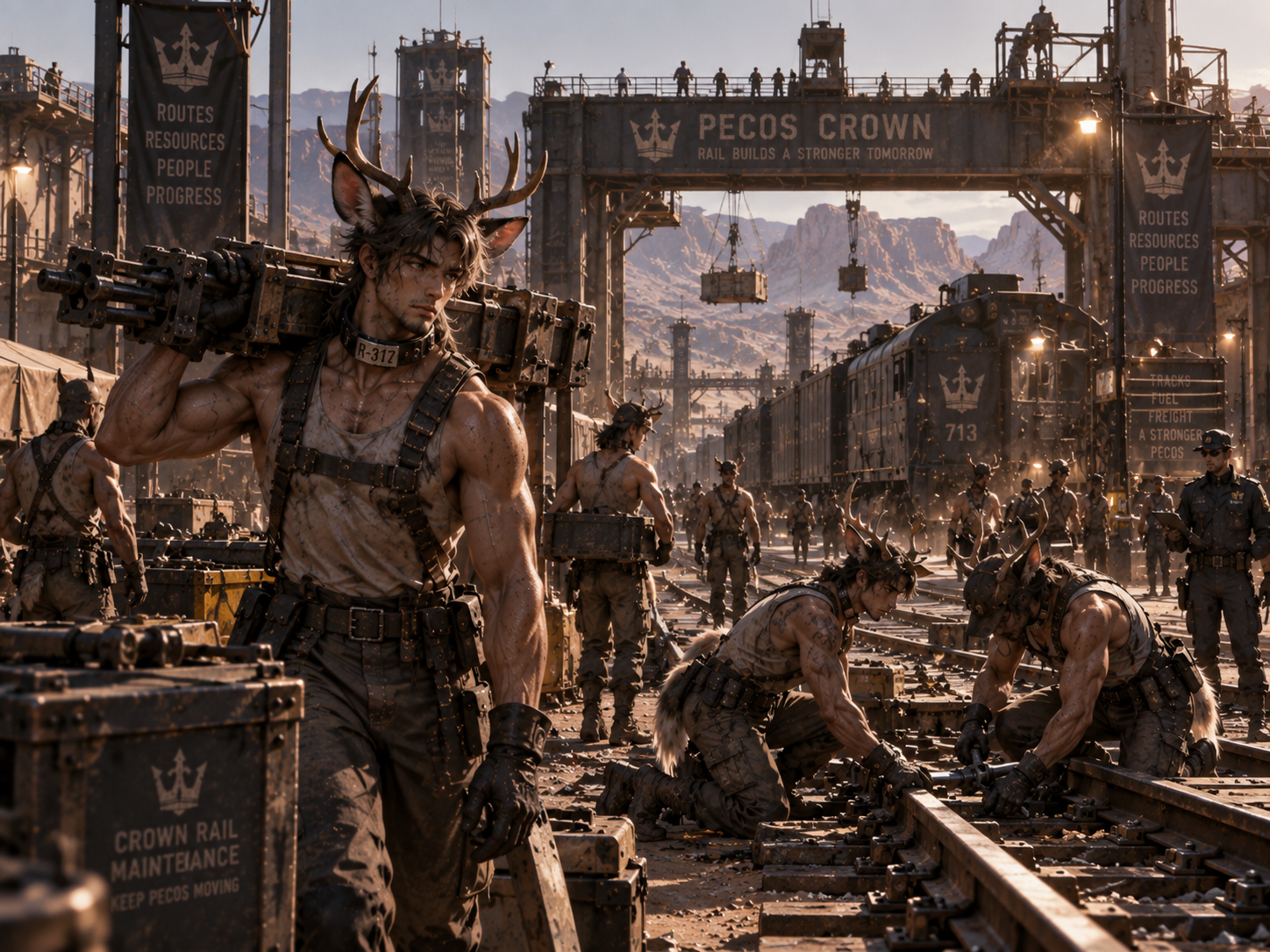 Demi-human workers performing heavy rail maintenance in the Pecos Crown