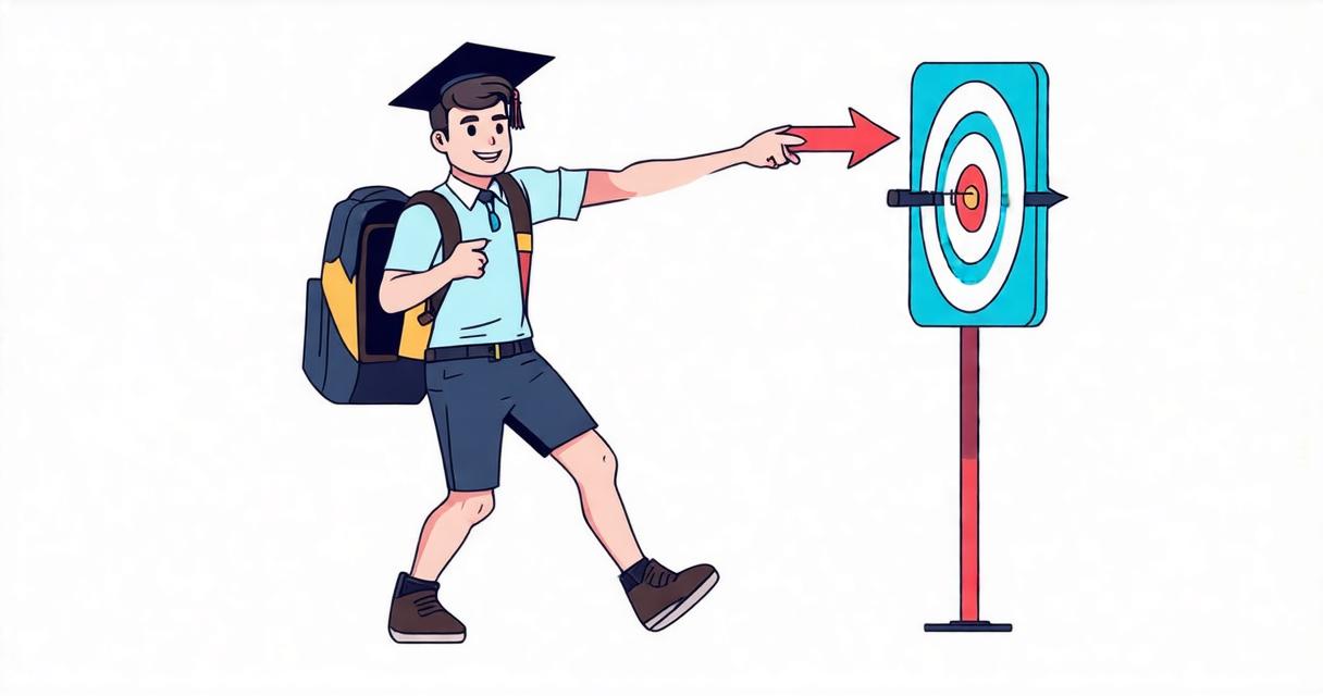 a bright-eyed young college graduate with a casual half-tucked shirt, a backpack slung over one shoulder, and an easy grin, standing on one foot mid-stride pointing confidently at an arrow stuck dead center in a target