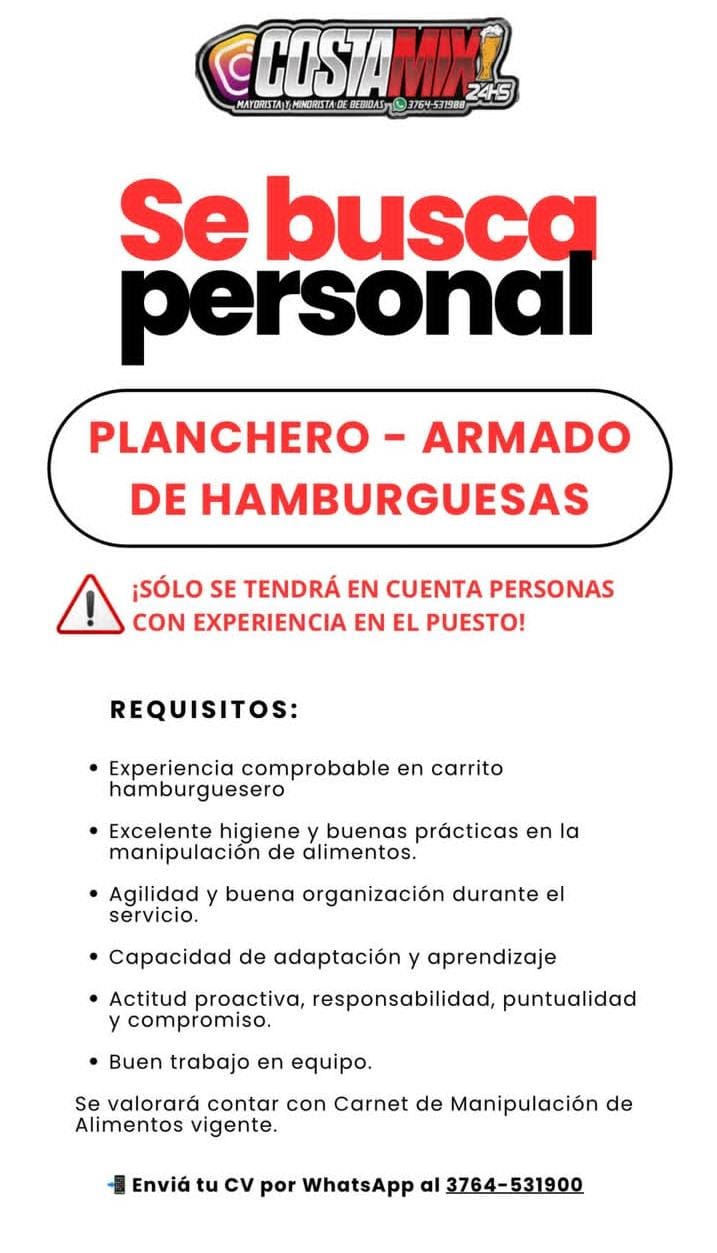 Se busca Planchero/ Armado de Hamburguesas en Posadas