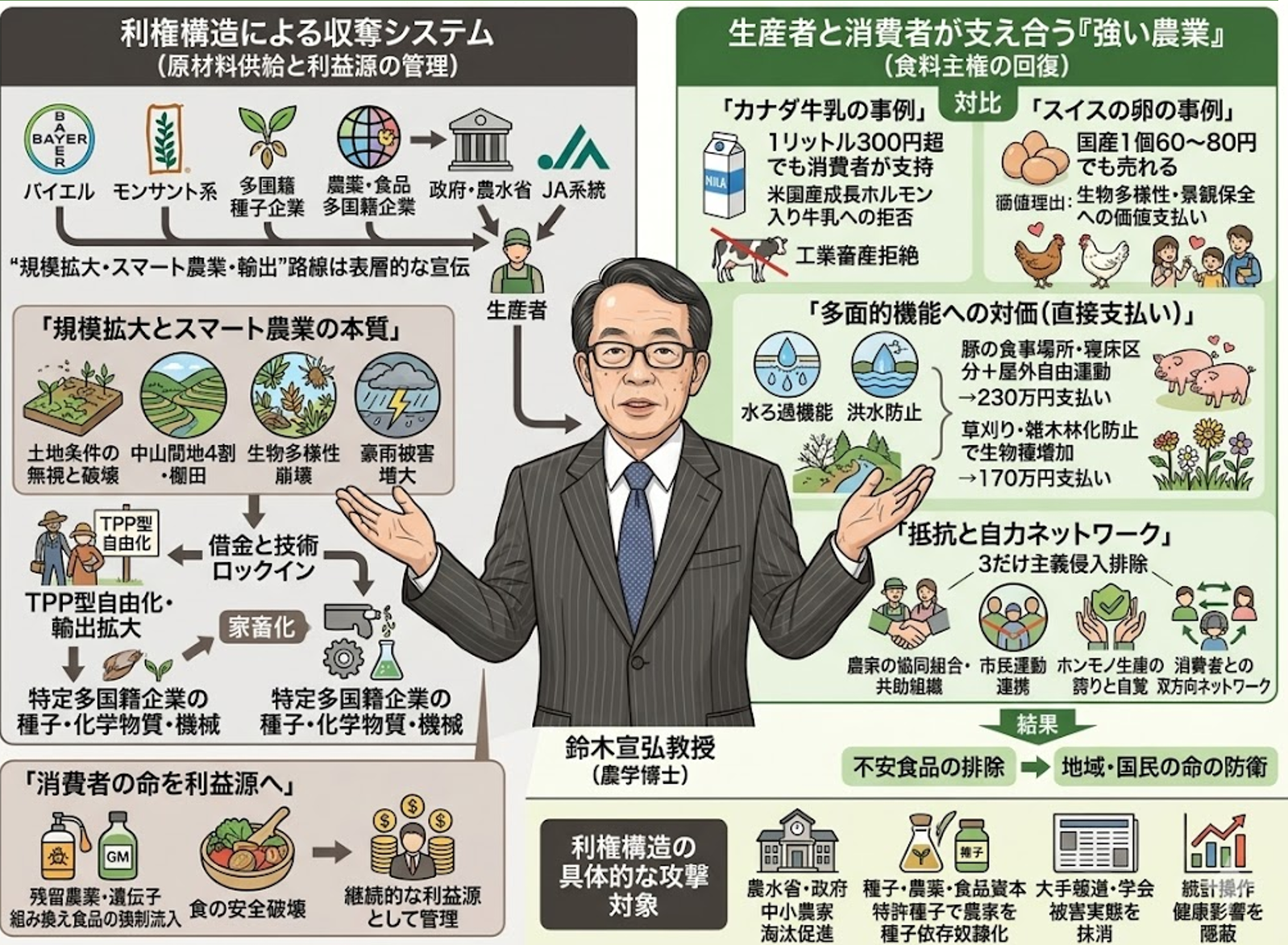 日本の食料・農業政策は、製薬資本・農薬・種子・食品多国籍企業・政府・農水省・JA系統を含む利権構造が一体となった収奪システムとして機能している