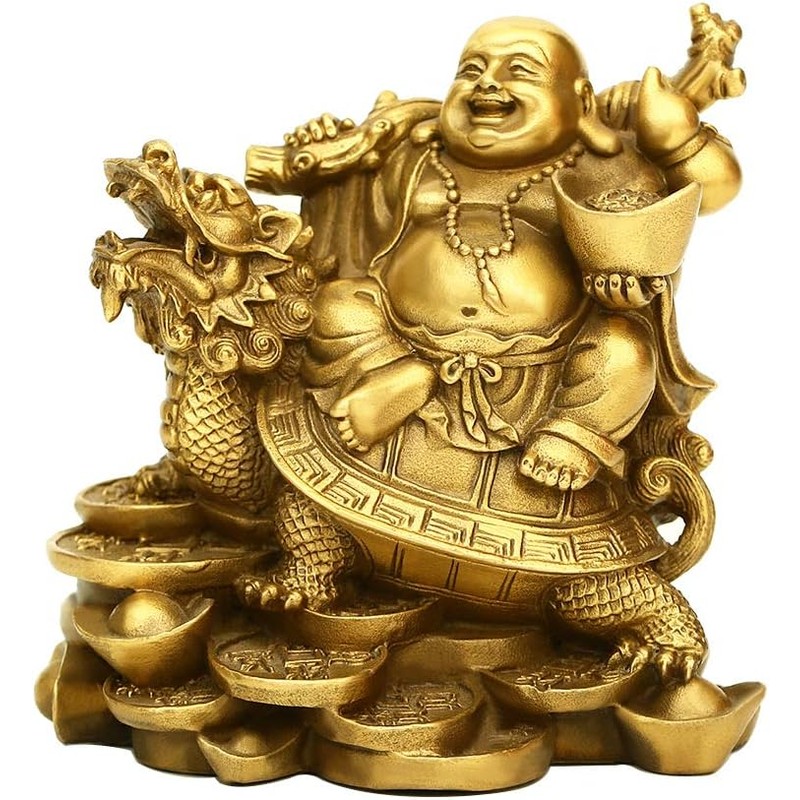 Brass Ruyi Laughing Buddha Dragon Turtle Statue, Feng Shui Decor, 4.5in (H)