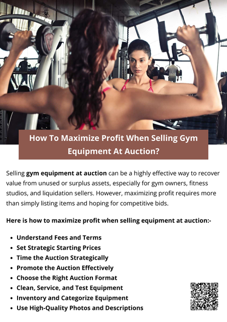 To maximize profit when selling gym equipment at auction, prepare items thoroughly with clear photos and accurate descriptions. Time listings to align with peak buyer interest and set realistic starting bids. Group complementary items to increase perceived value. Transparency builds trust, encourages competitive bidding, and often drives higher final prices without needing aggressive promotion. To know more visit here https://www.auctionmasters.com/industries/fitness-center-and-gym-equipment-auctions-1