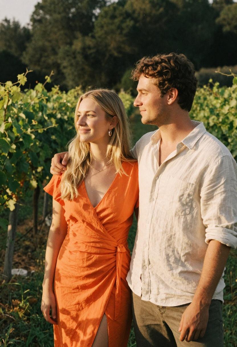 Tangerine ruched wrap dress glowing in vineyard golden hour light for a heartfelt promposal