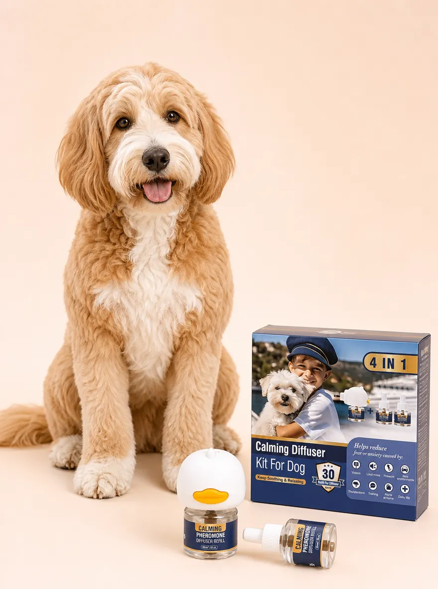 Calm family dog beside CaninEase product