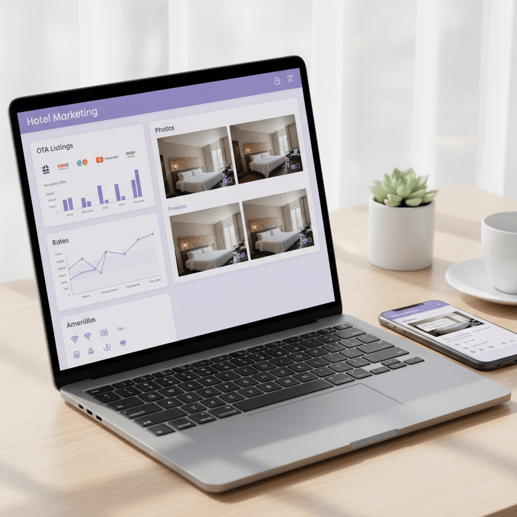 Hotel marketing dashboard showing OTA content management and listing optimization