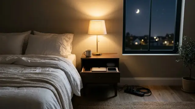 Peaceful minimalist bedroom at night with electronics stored away and soft lamplight