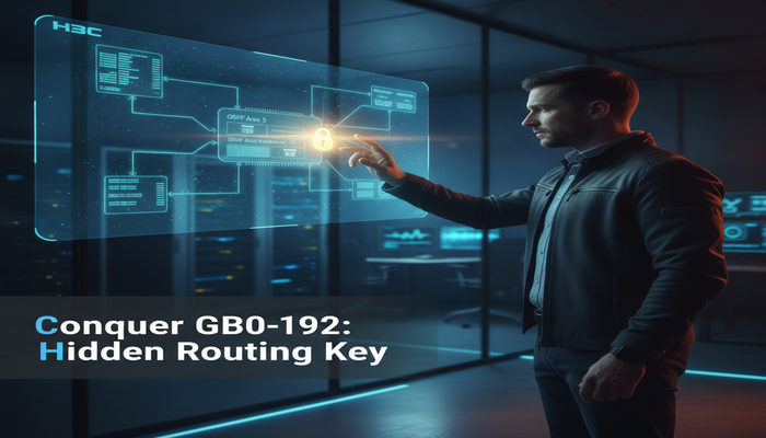 Conquer GB0-192: Hidden Routing Key A network engineer interacting with a holographic H3C network topology, a glowing 'key' icon signifying the breakthrough to mastering H3C routing essentials for the GB0-192 exam.