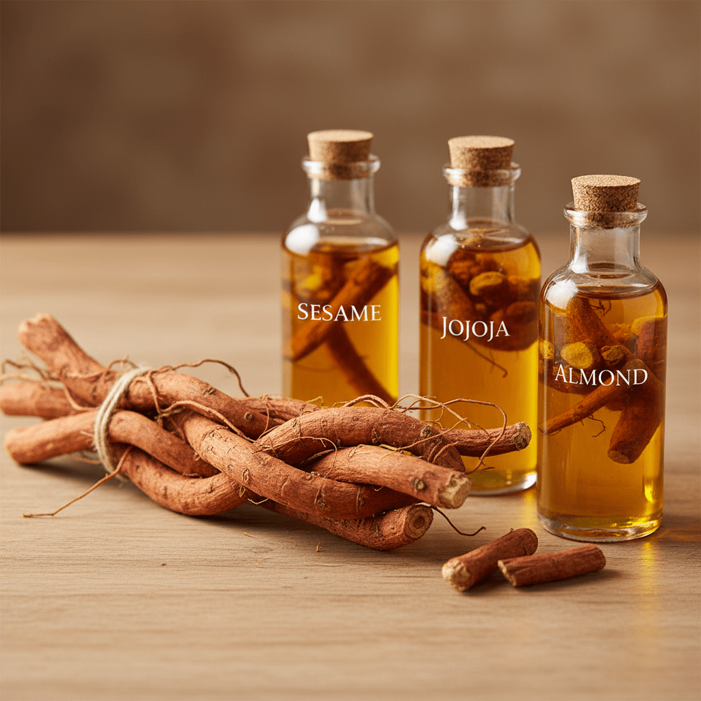 Ashwagandha roots and infused carrier oils on a wooden table