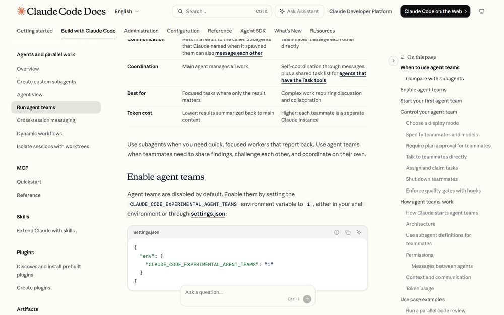 Claude Code official documentation - the subagents vs agent teams comparison table and the CLAUDE_CODE_EXPERIMENTAL_AGENT_TEAMS setting (Source: Claude Code official documentation)