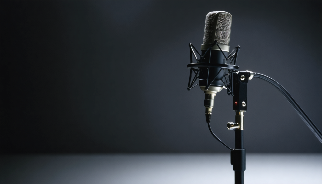 A single microphone lit from one side against a dark studio backdrop, foam shield catching a warm rim of light.