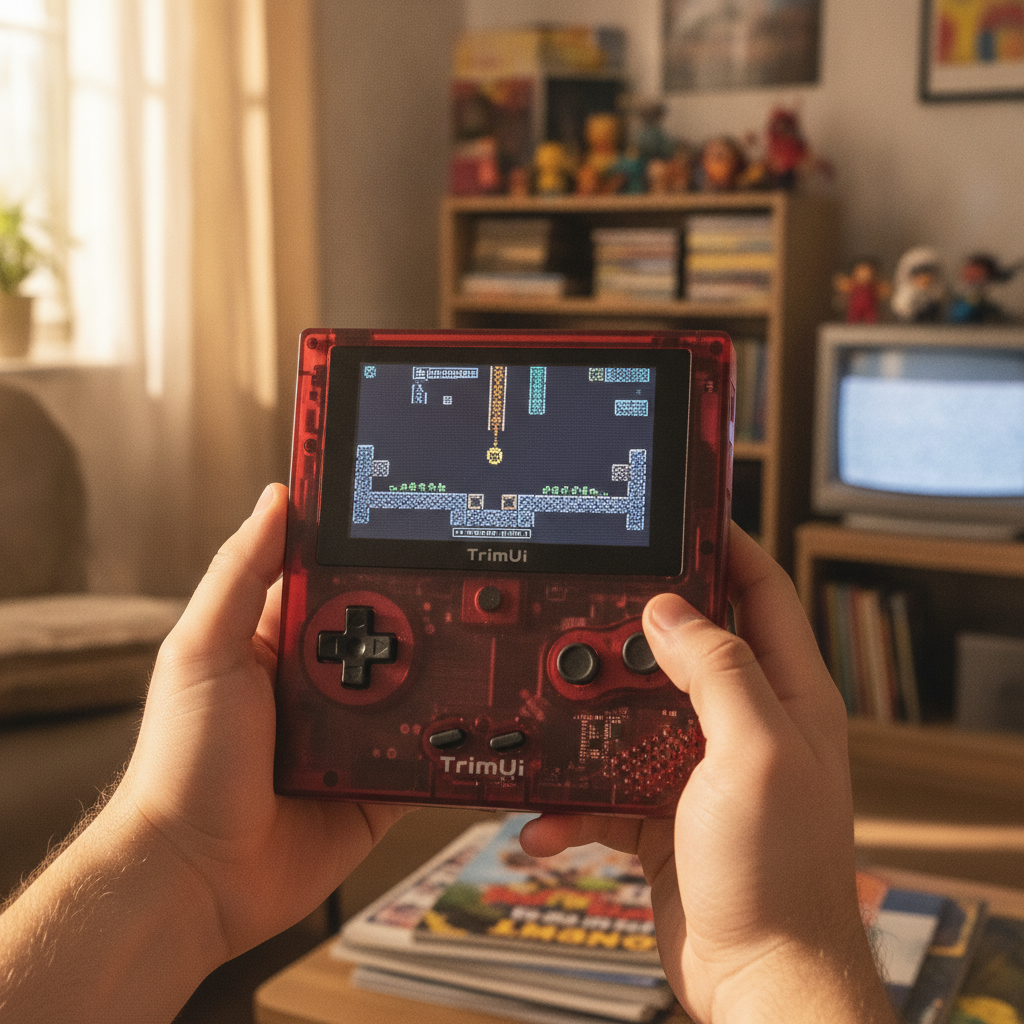 The TrimUI Brick Pro handheld gaming device on a desk.