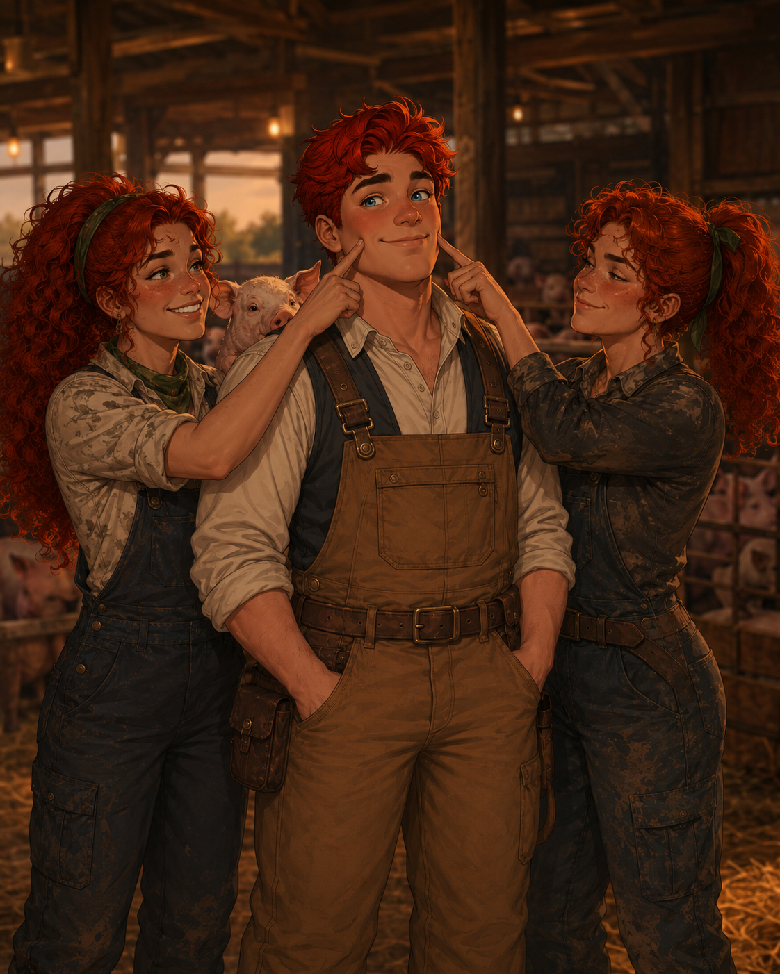 Daisy Mae and Clementine poking August's cheeks