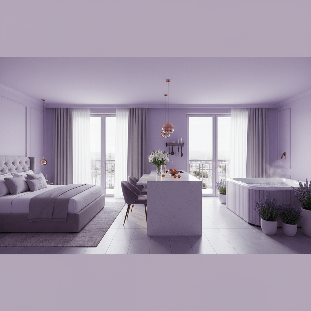 photorealistic, high detail, no text, dominant color #E5DBFD, stylish Airbnb interior tour scene showing bedroom, kitchen, and hot tub details, polished real-estate photography feel, natural light, 16:9
