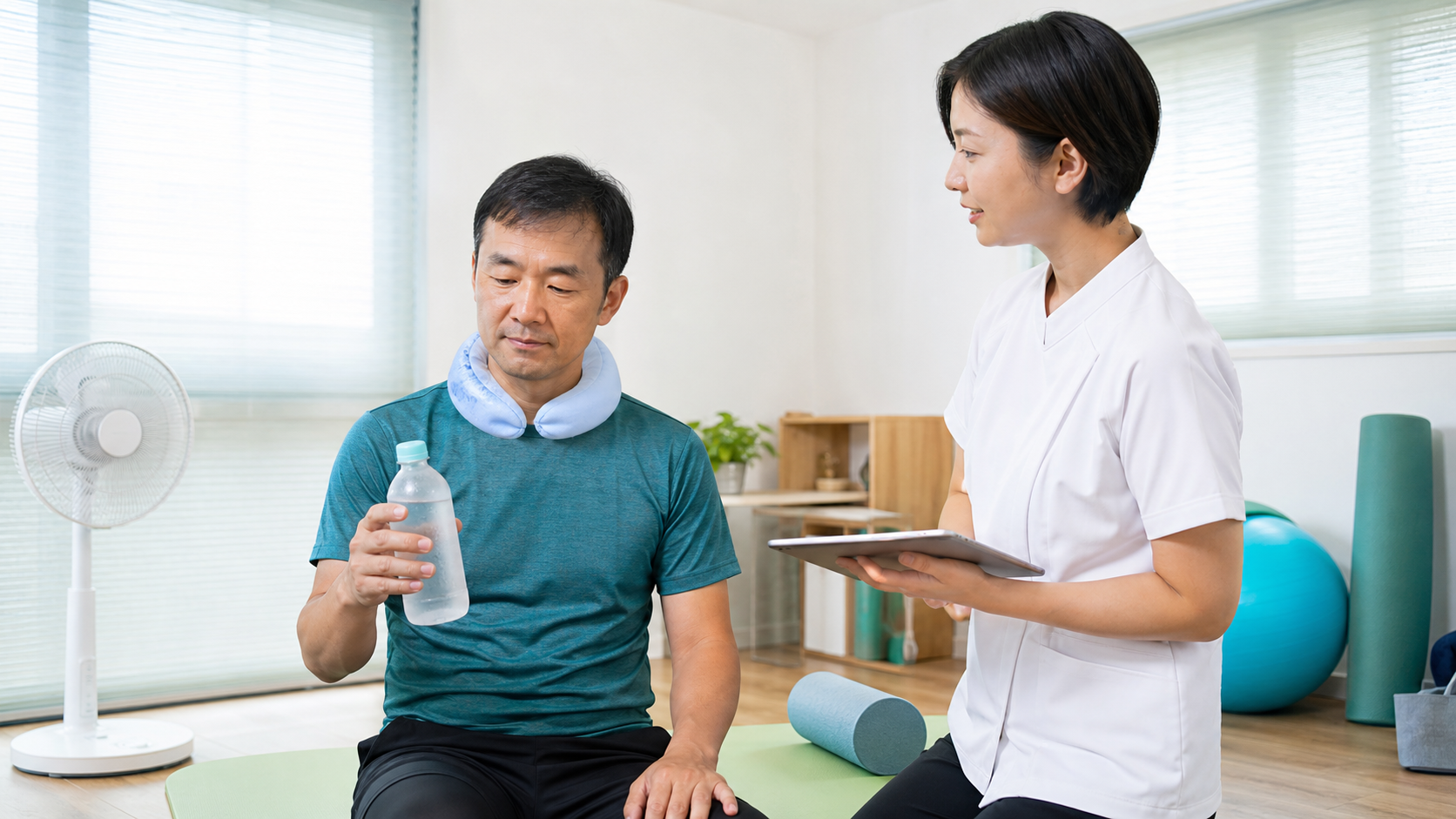 涼しい室内で運動前の事前冷却と水分を準備する様子