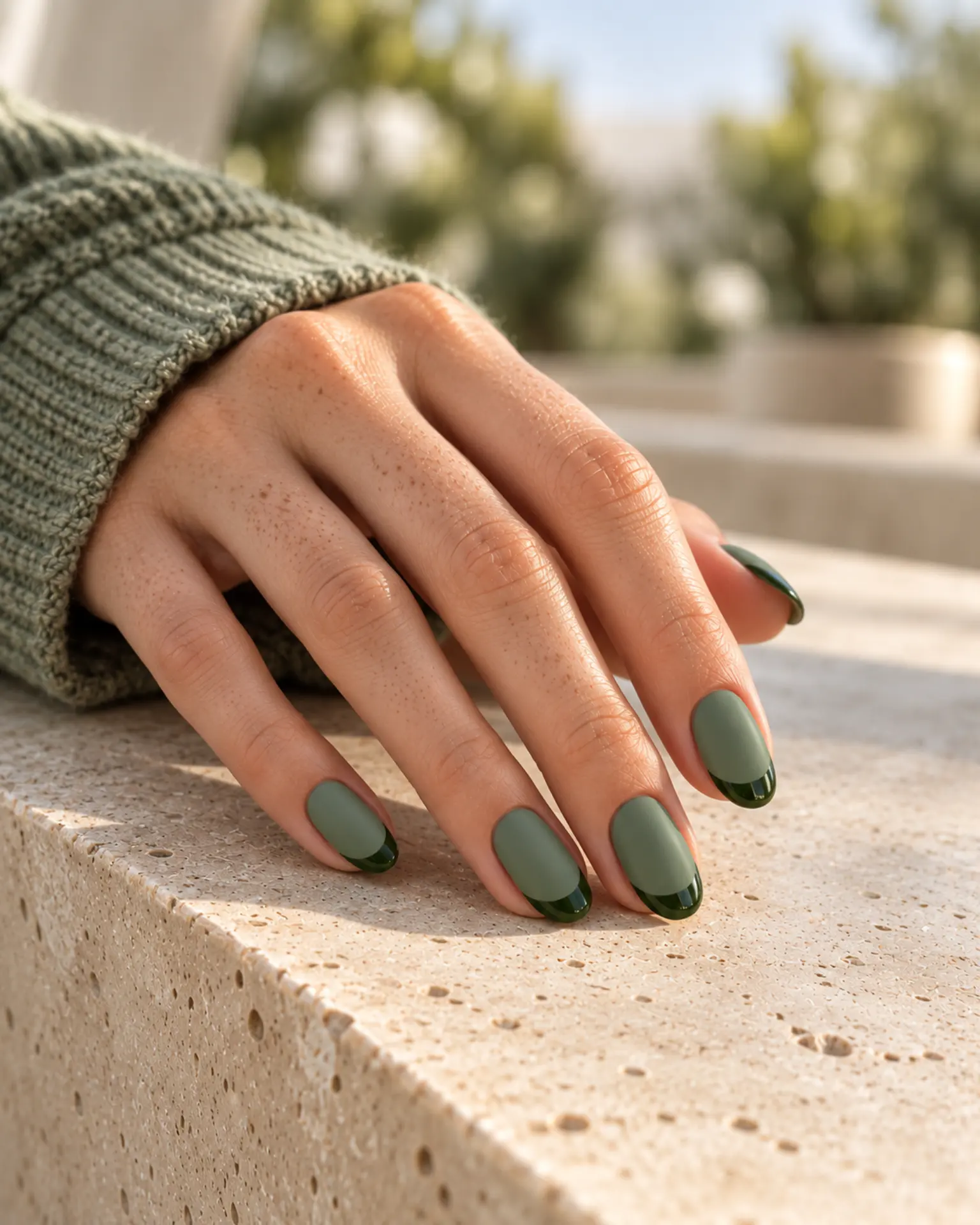 Green Matte + Gloss Tip manicure inspiration for green nail ideas