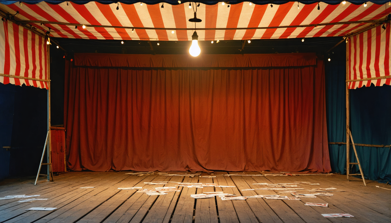 A carnival barker's empty stage, perfectly lit and eternally ready for an audience that was never going to resist.
