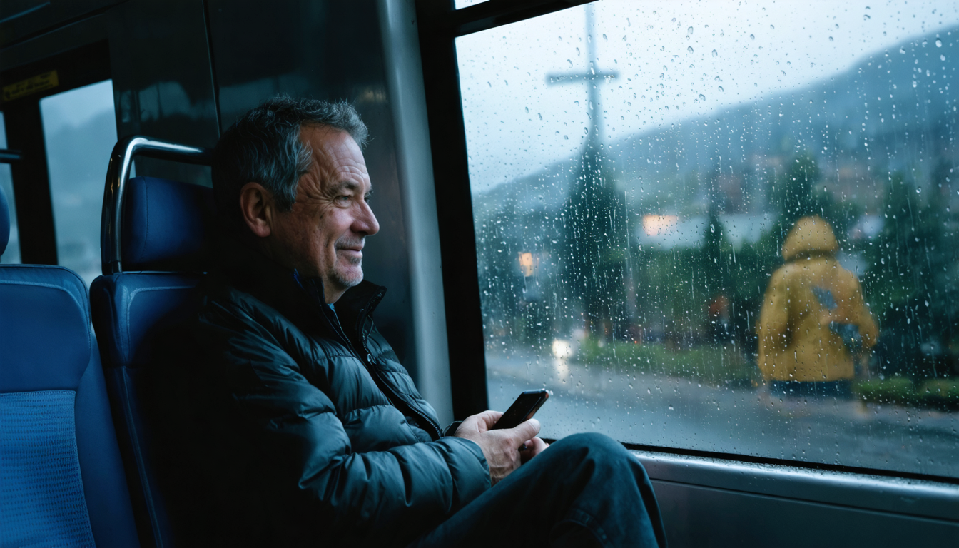 A man on a city bus looking out the window, phone lowered and forgotten in his hand.