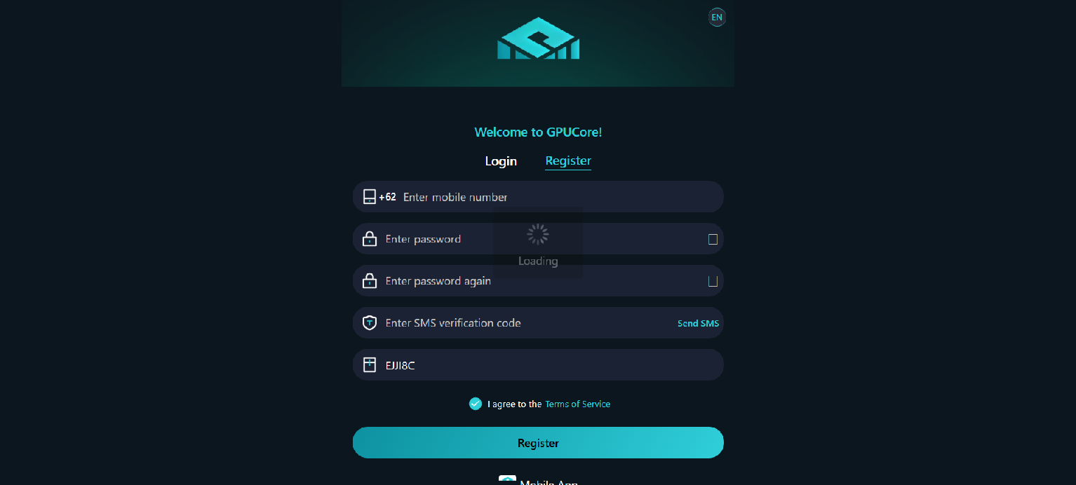 Screenshot of app.gpucore.com