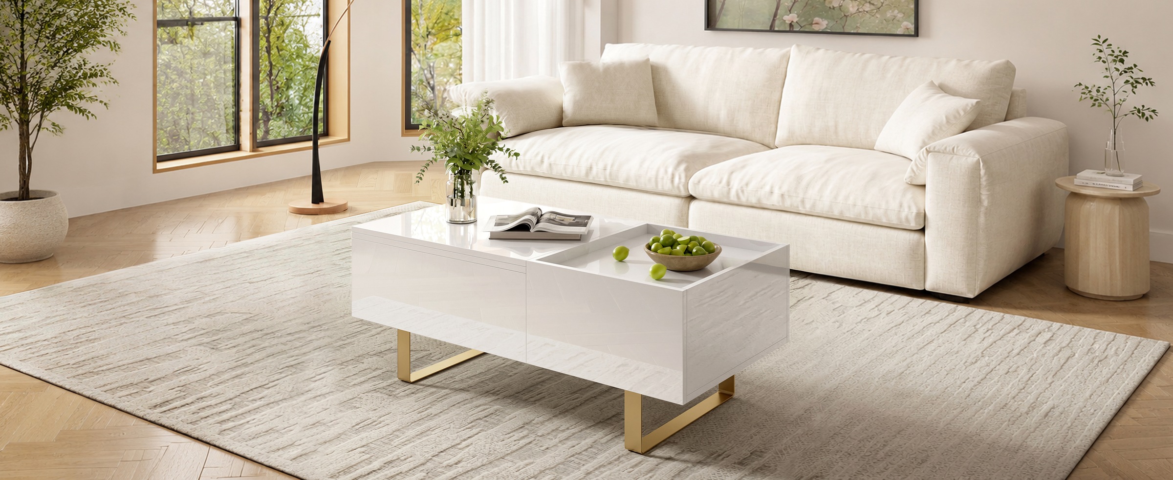 Table Basse Blanc, Rangement, Étagères Réglables, Plan Relevable, 1 Tiroir, Design Moderne - Panneau composite de fibres de bois à densité et Métal - 100x50x54.5cm - Salon 1