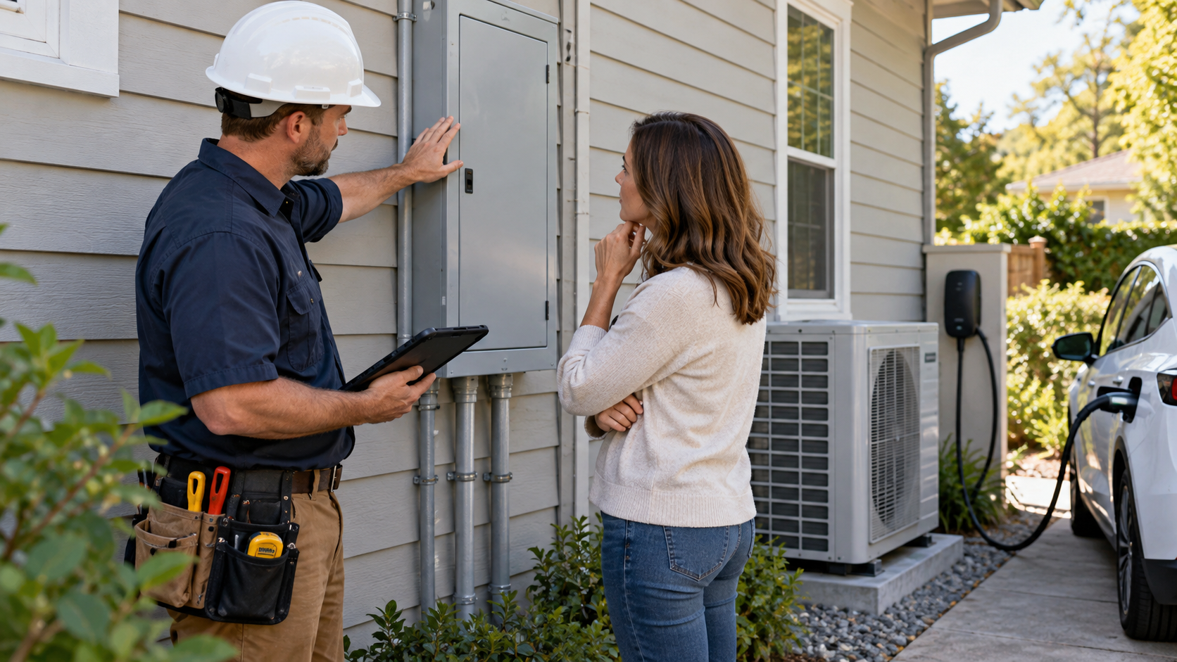 Electrician evaluating electrical panel capacity before new home electrical loads