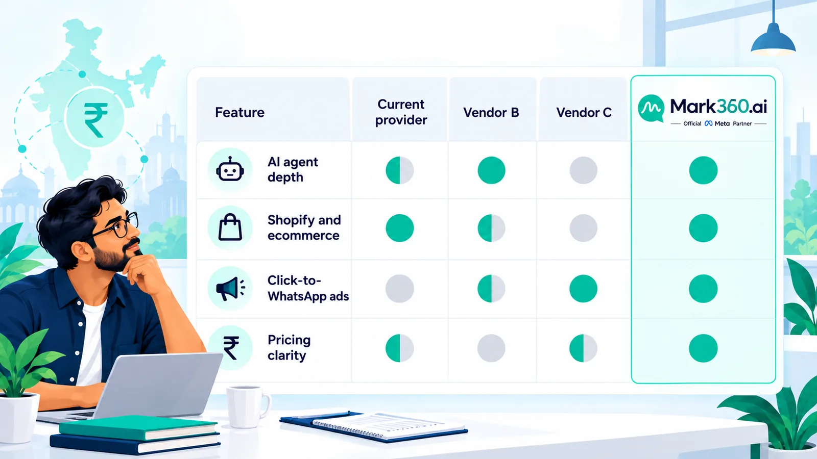 Feature matrix for AI, Shopify, CTWA, and pricing clarity