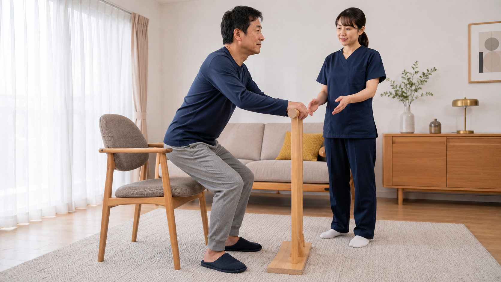 慢性腰痛のある人が支持物を使って安全に立ち座り運動を行う様子