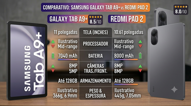 Redmi Pad 2 ou Galaxy Tab A9+? Qual Tablet Vale Mais a Pena em 2026?