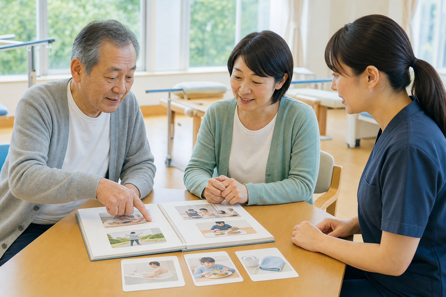 脳卒中後の本人と家族が専門職と資料を見ながら対話する様子