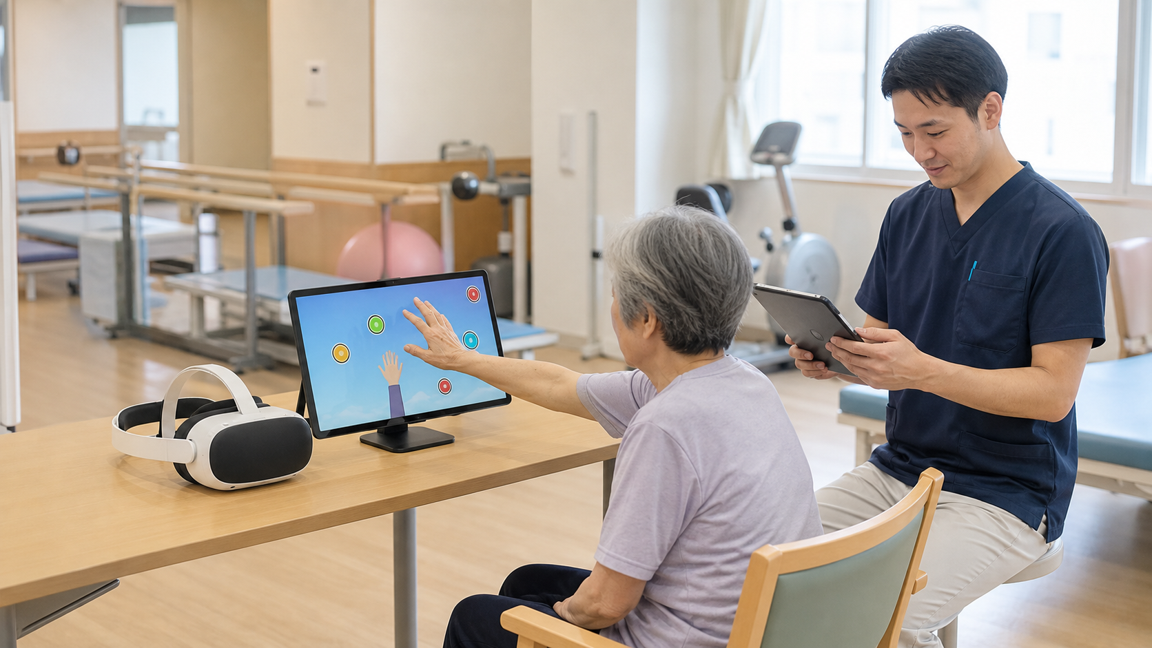 画面型VRリハビリとヘッドセット型機器を使い分けながら上肢練習を行う場面