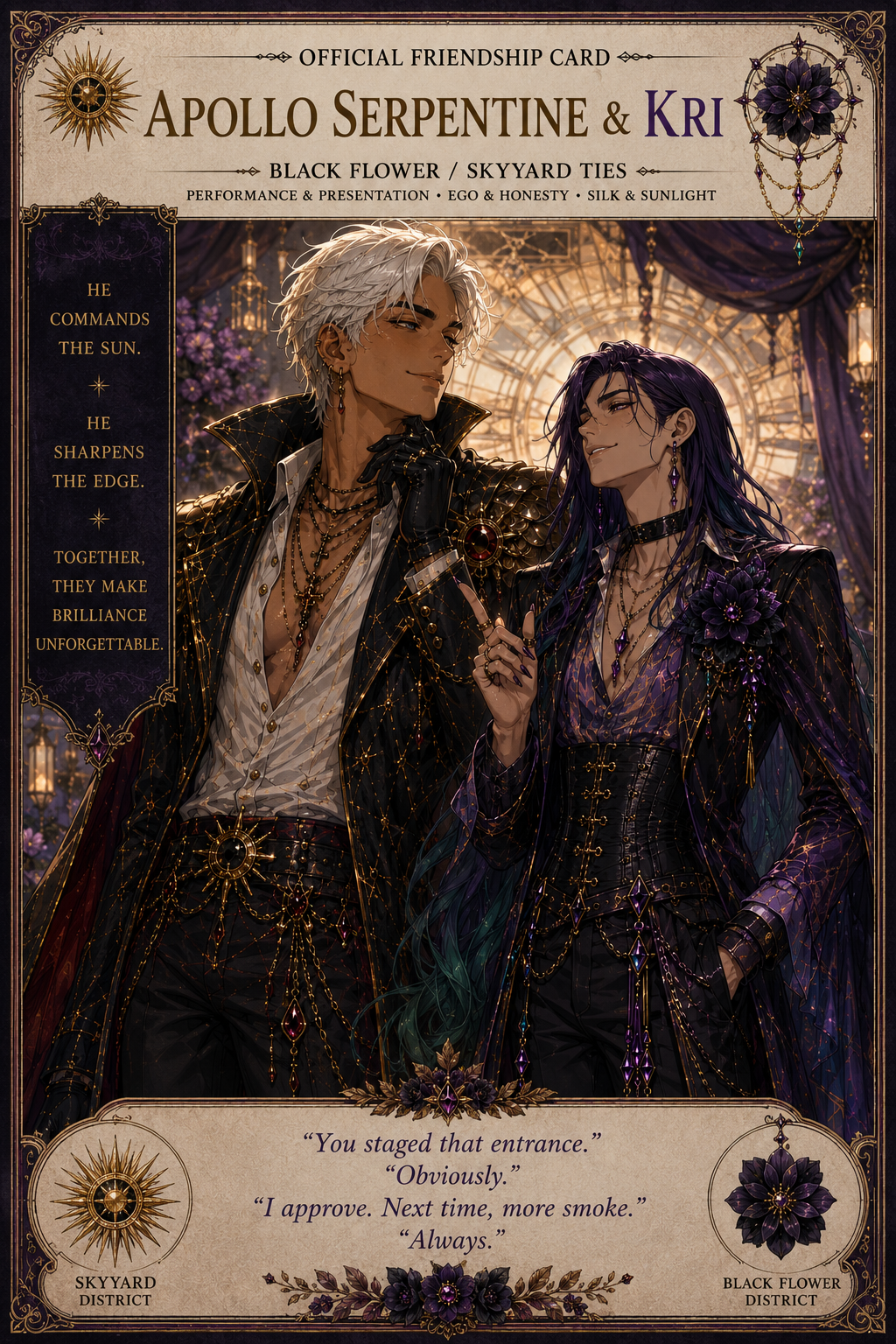 Apollo Serpentine and Kri official friendship card, Black Flower and Skyward ties
